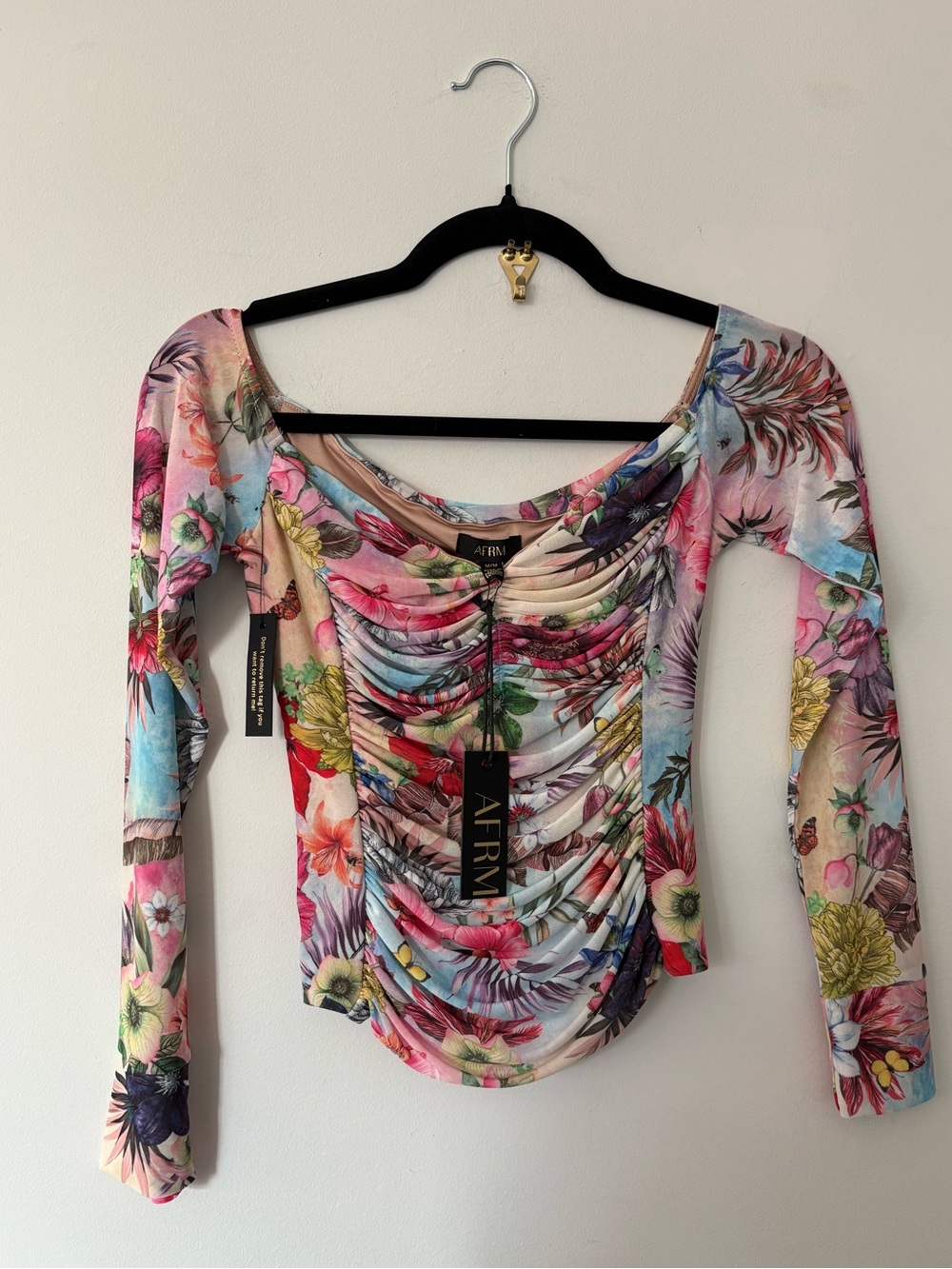 NEW Anthropologie AFRM Floral Ruched Long-Sleeve Mesh Top Medium